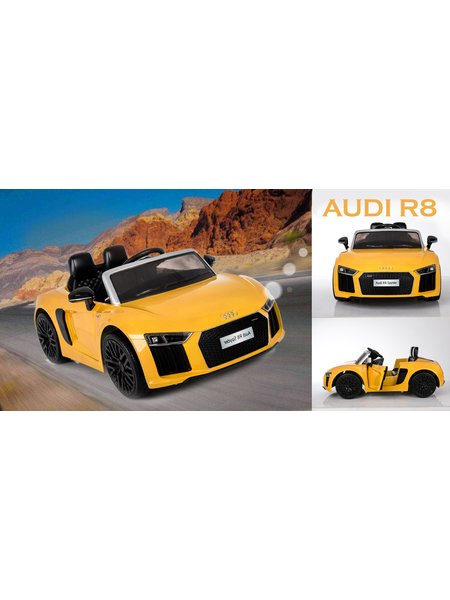 Kind voertuig - auto Elektro Audi R8 - onder licentie - 12V7AH accu en twee motoren 2.4Ghz MP3 leder + + +EVA geel
