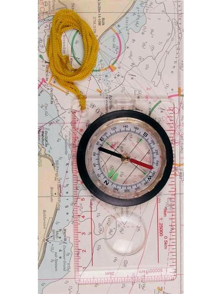 Map compass with magnifying glass and measuring equipment