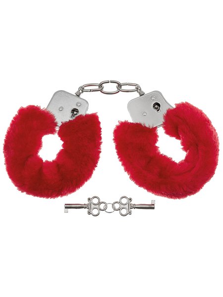 Handboeien, met twee sleutels, chrome, dekking van bont in het rood
