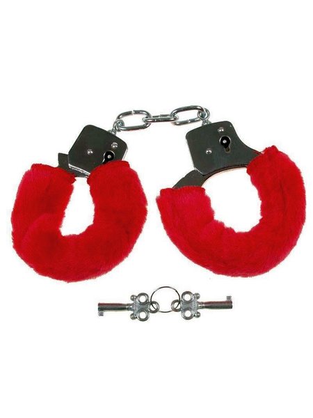 Handcuffs, with 2 keys, chrome, fur cover in red