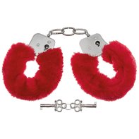 Handschellen, mit 2 Schlüssel, chrom, Fellüberzug in rot
