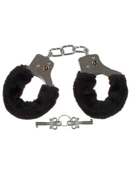 Handcuffs, with 2 keys, chrome, fur cover in black,