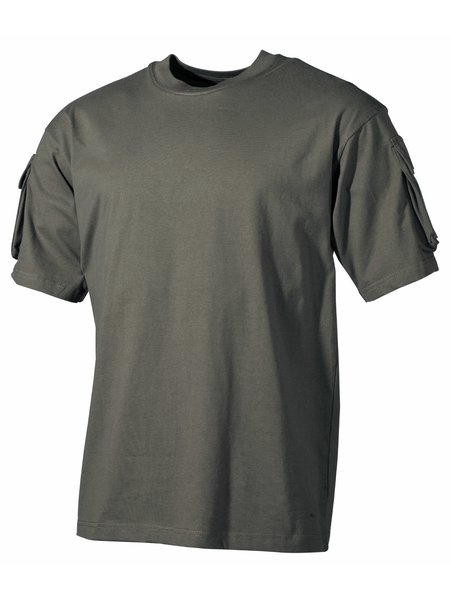 Os EUA a t-shirt, médio pobre, olivas, com bolsas de manga