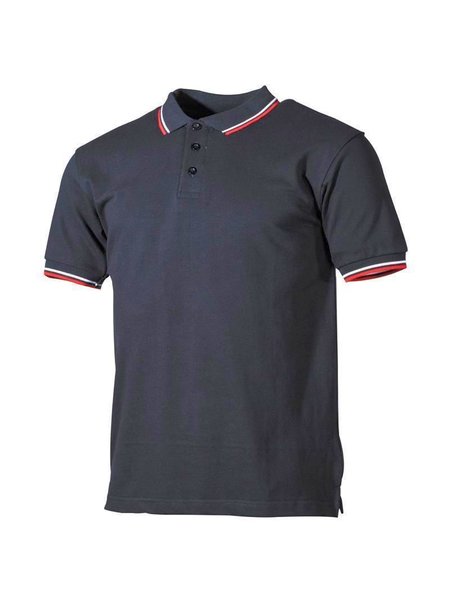 Poloshirt, zwart, rood wit strepen met strippen, knop